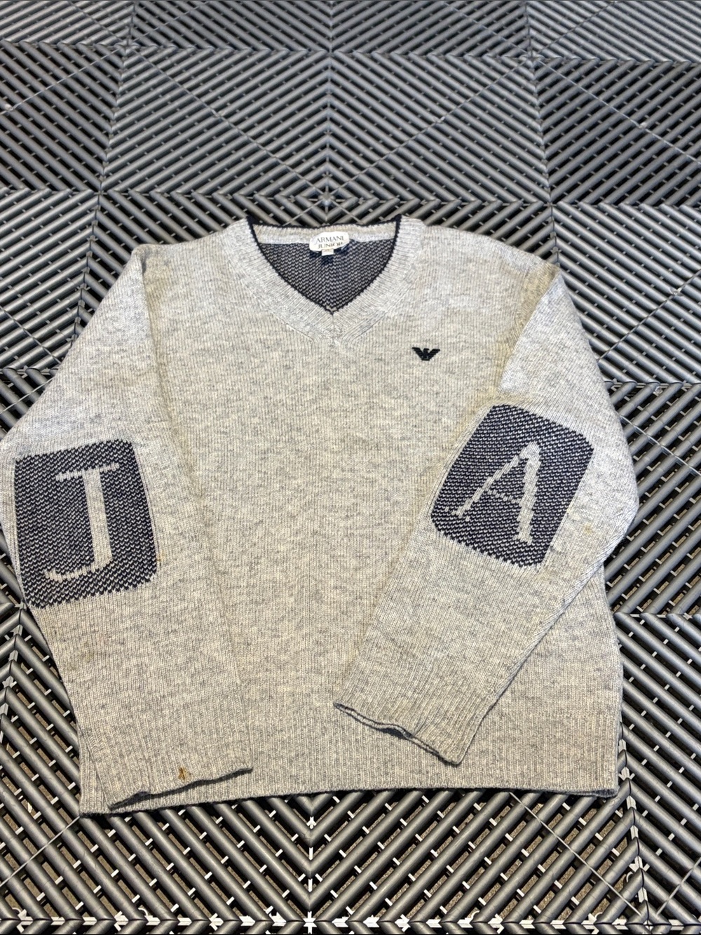 Emporio Armani Light Gray V-Neck Sweater with Dark Elbow Patches